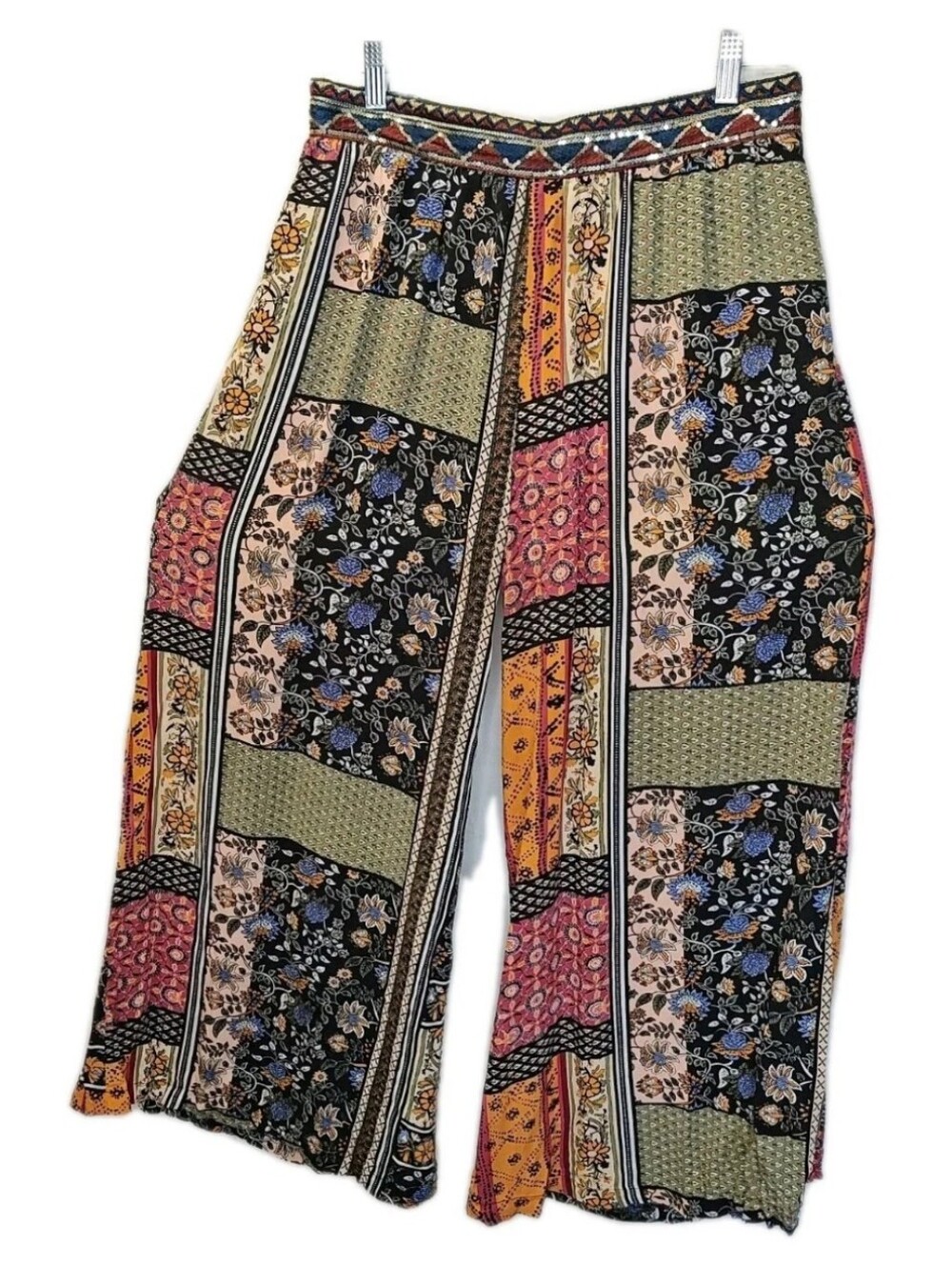 Anthro Jaase Wide Leg Patchwork Pants Sz M/L Tribal Sequin Waist Floral Gaucho
